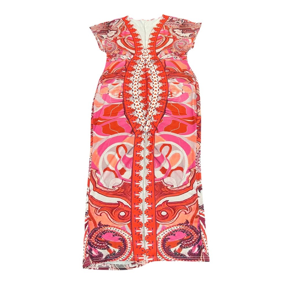 Pink Orange Psychedelic Paisley V-Neck Ruched Front Slit Maxi Dress L (1205)